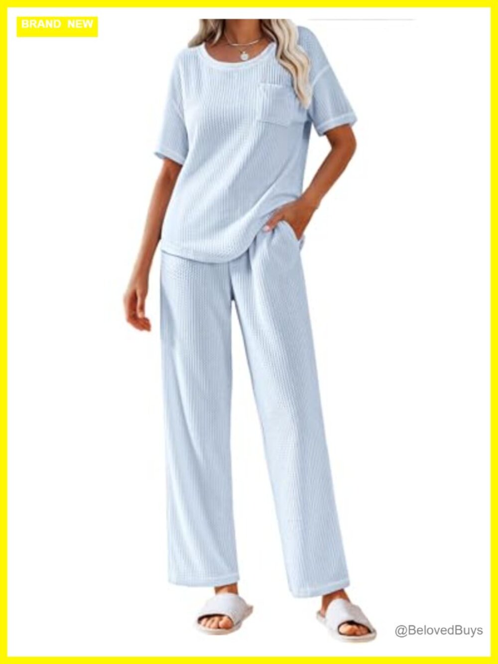 Waffle Knit Lounge Set Short Sleeve Top & Long Pants Pajama Set